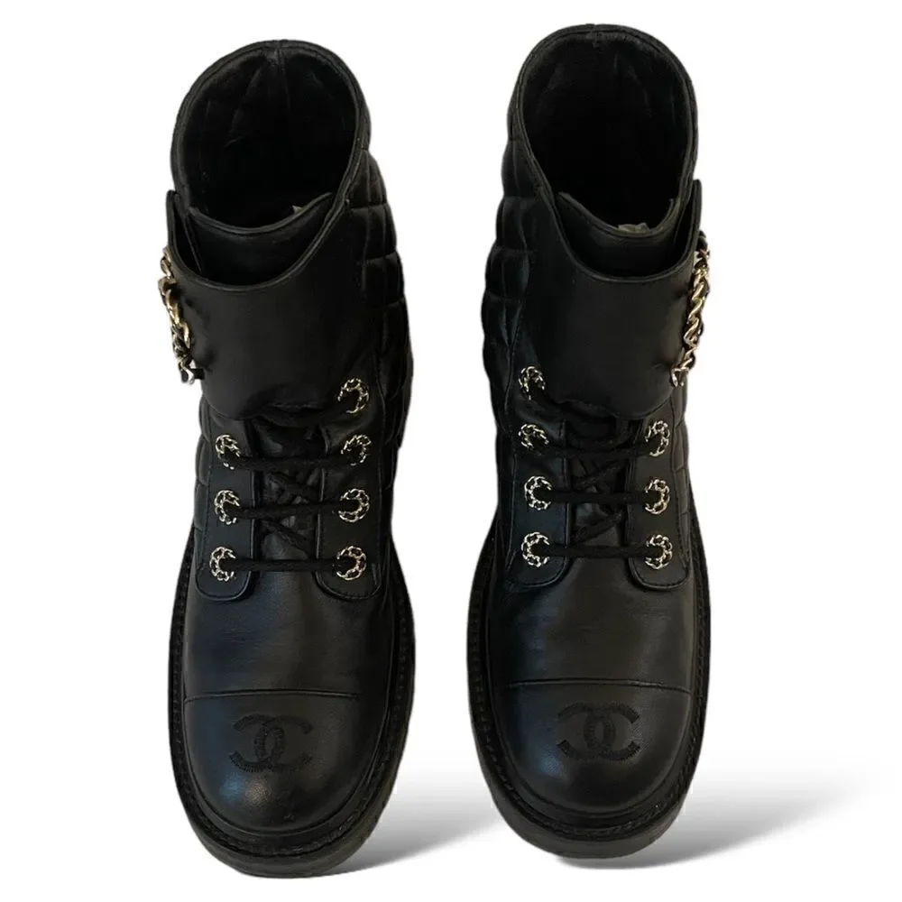 CHANEL Fall 2021 Black Lambskin Lace-Up Boots |Size: 38|